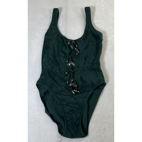 Vintage Acqua & Pelle sz. 10 Green Faux Suede Western Style 1-pc Bathing Suit - Picture 3 of 12
